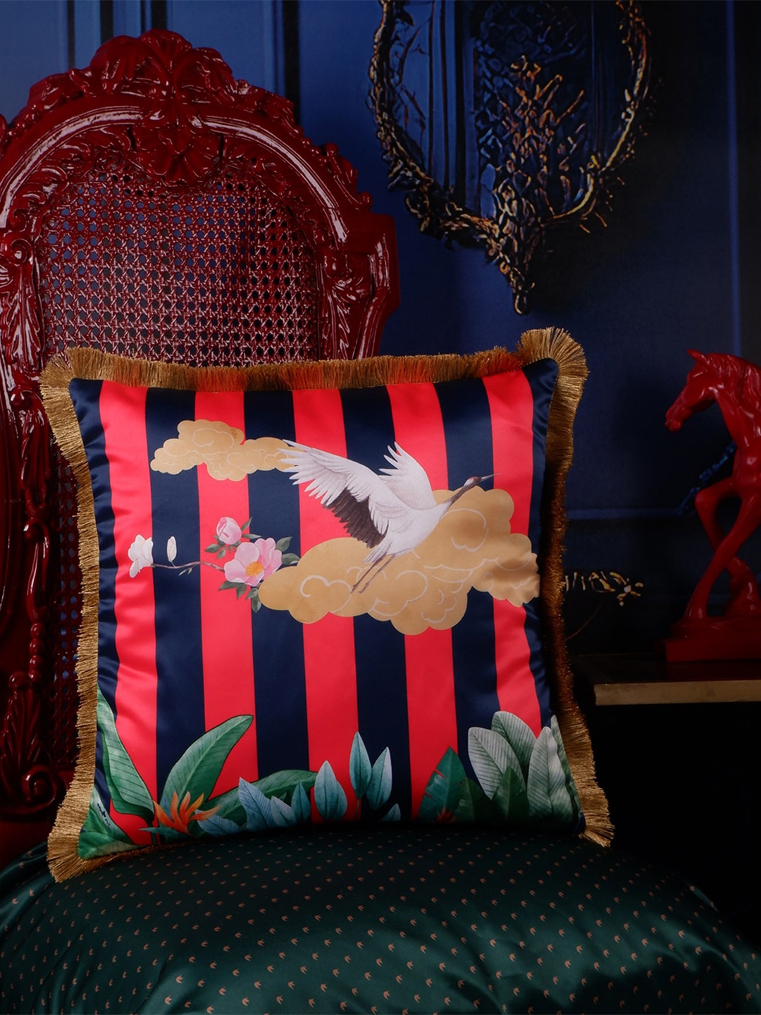 

THE WHITE INK DECOR Red & Navy Blue Striped Satin Square Cushion Cover