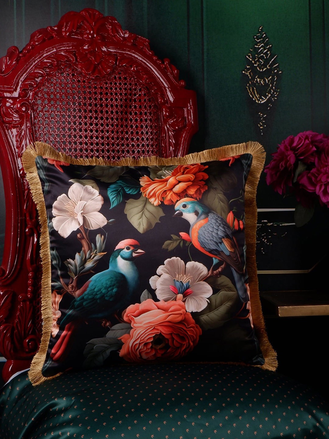 

THE WHITE INK DECOR Tropical Elegance Black & Orange Floral Satin Square Cushion Cover