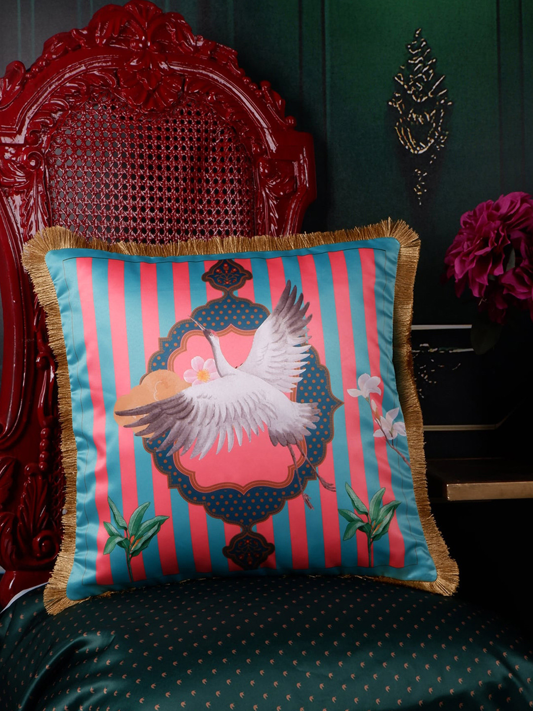 

THE WHITE INK DECOR Tropical Elegance Green & Pink Floral Satin Square Cushion Cover