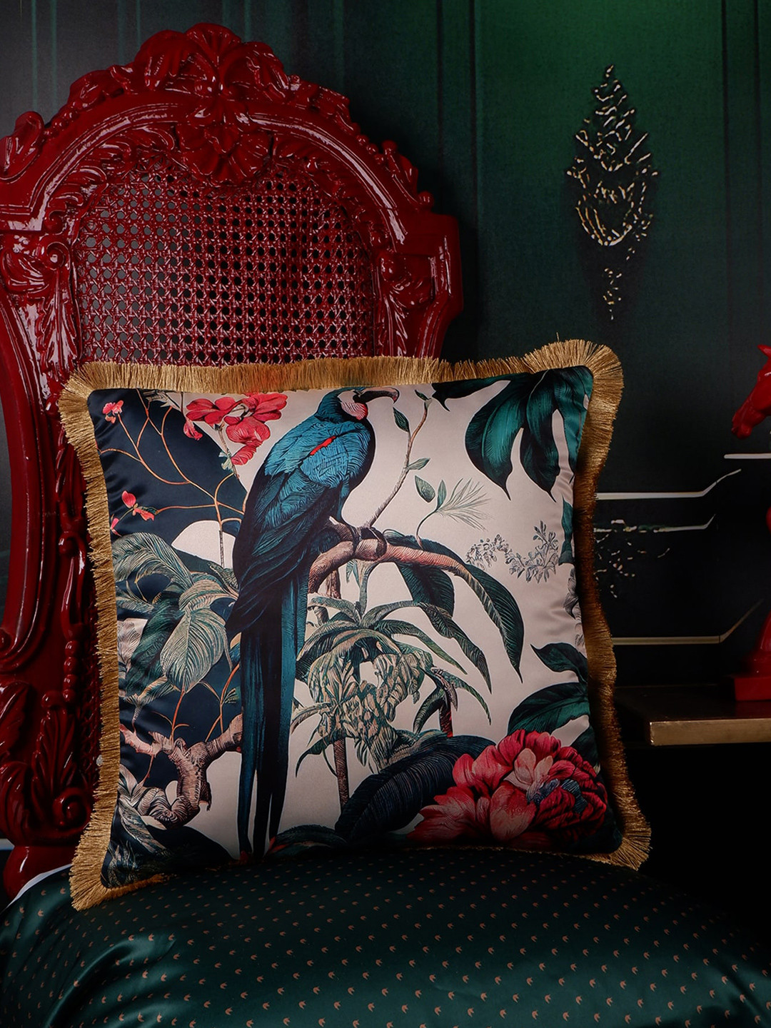 

THE WHITE INK DECOR Tropical Elegance Beige & Blue Abstract Satin Square Cushion Cover