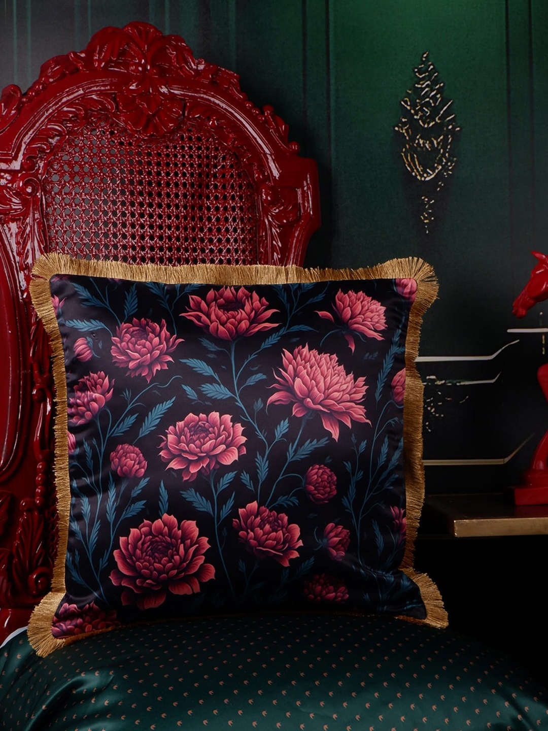 

THE WHITE INK DECOR Eden Black & Pink Floral Satin Square Cushion Cover