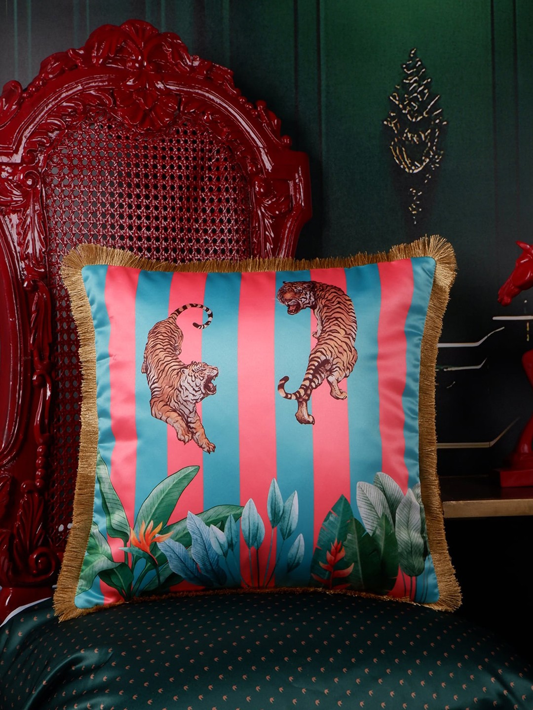 

THE WHITE INK DECOR Tropical Elegance Blue & Pink Graphic Satin Square Cushion Cover