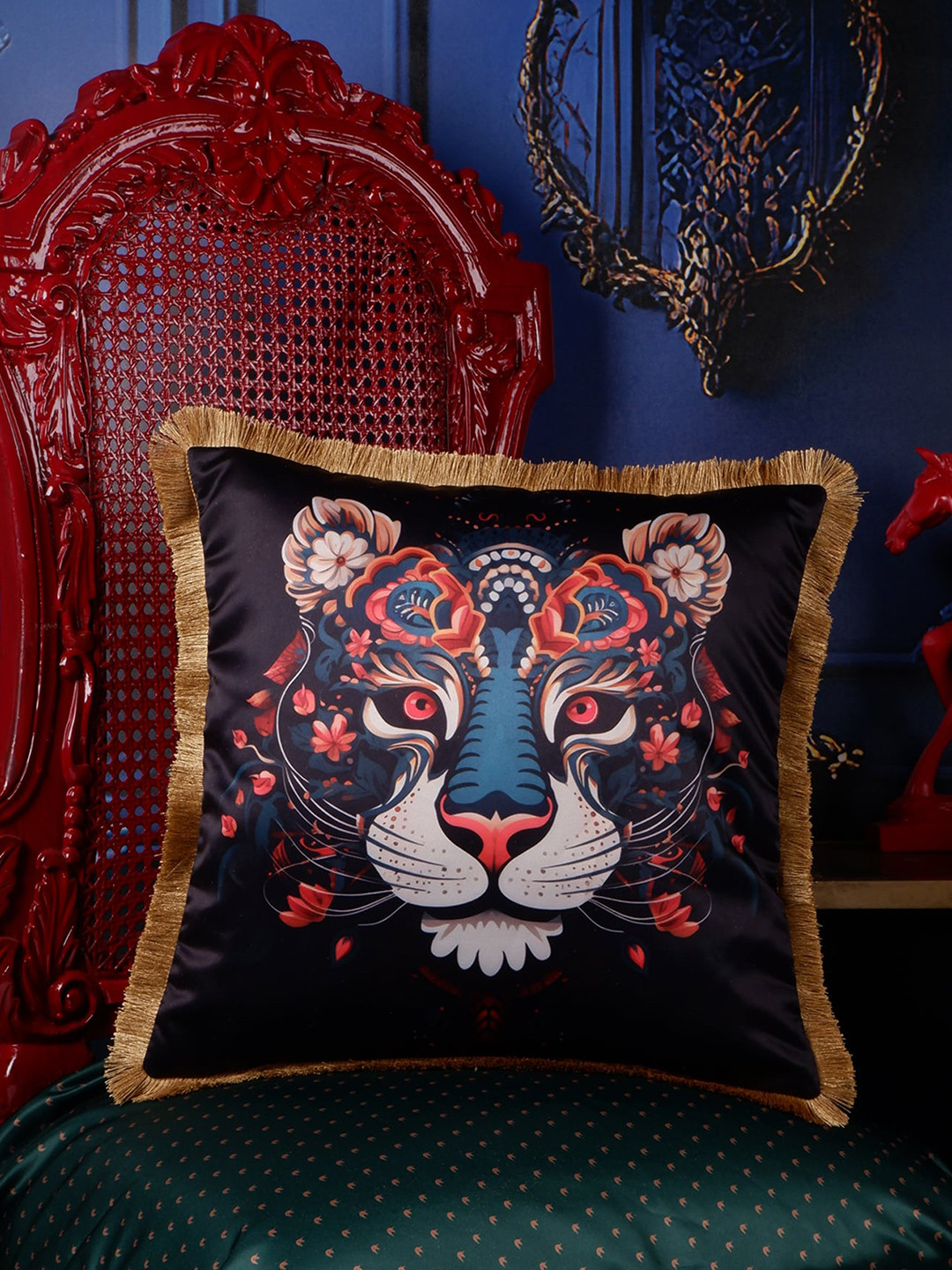 

THE WHITE INK DECOR Eden Black & Brown Quirky Satin Square Cushion Cover