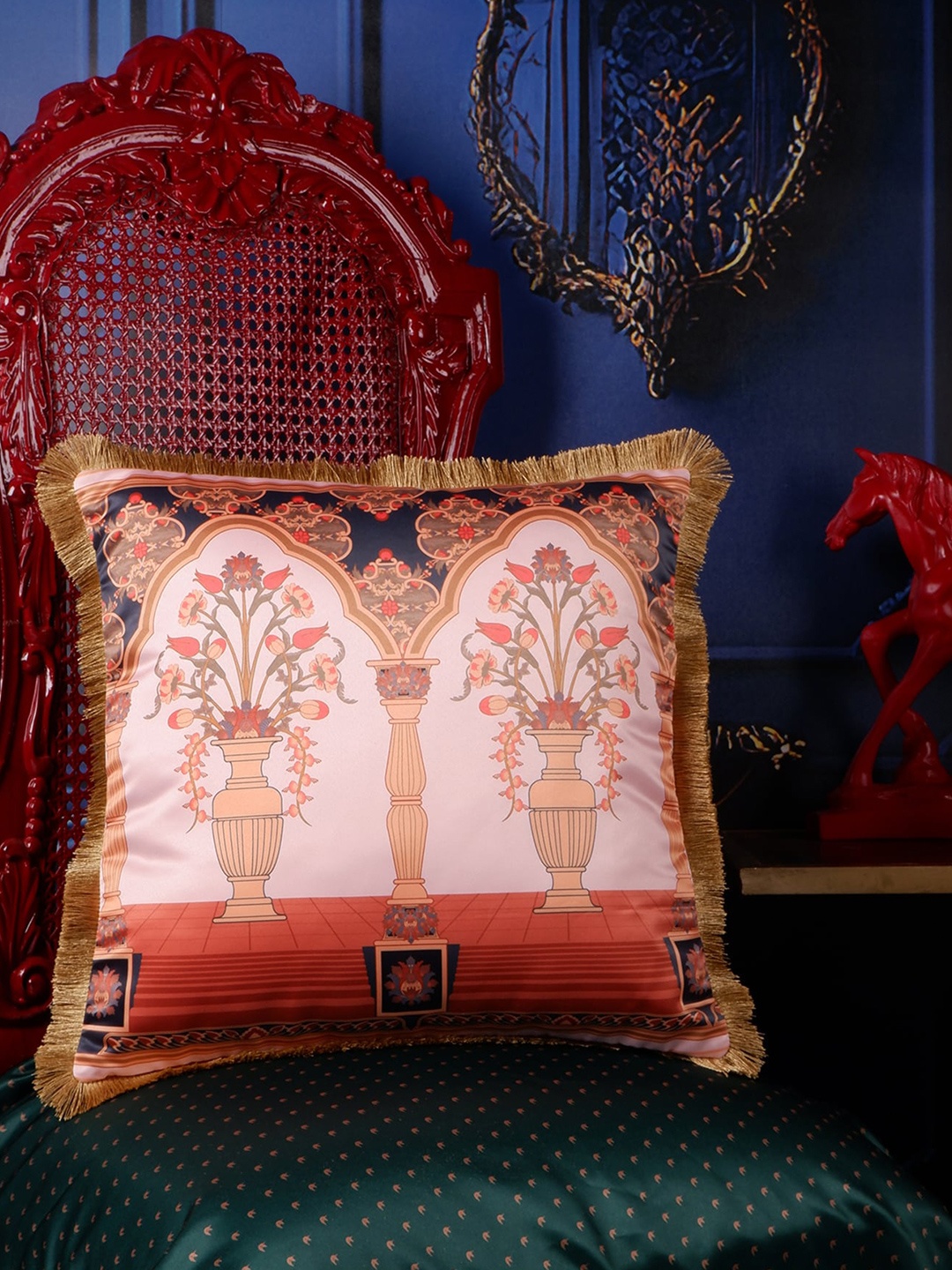 THE WHITE INK DECOR Eden Brown & Pink Ethnic Motifs Satin Square Cushion Cover