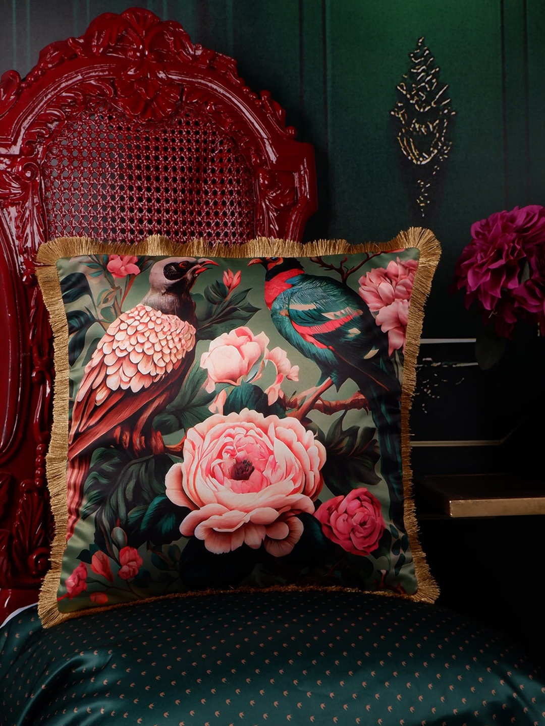 

THE WHITE INK DECOR Green & Pink Quirky Satin Square Cushion Cover