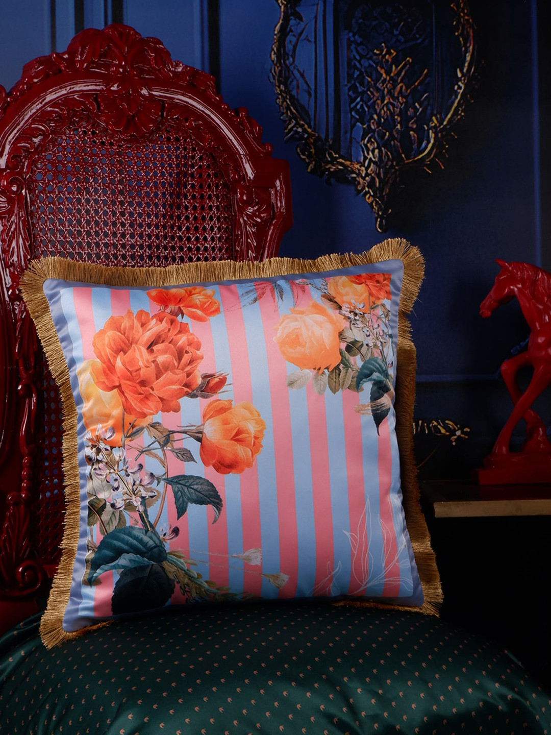 

THE WHITE INK DECOR Blue & Pink Floral Satin Square Cushion Cover