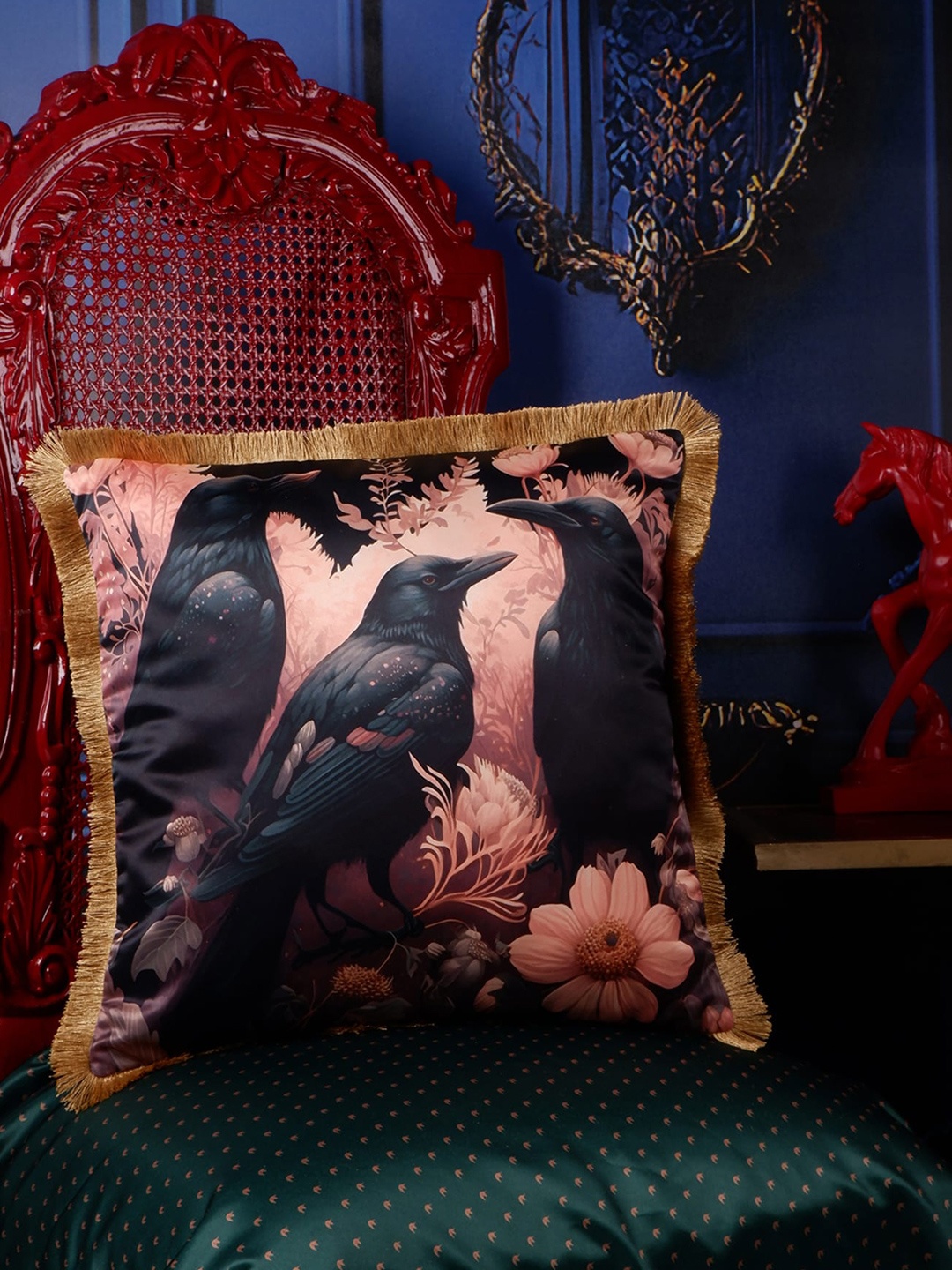 

THE WHITE INK DECOR Tropical Elegance Rose & Black Floral Satin Square Cushion Cover