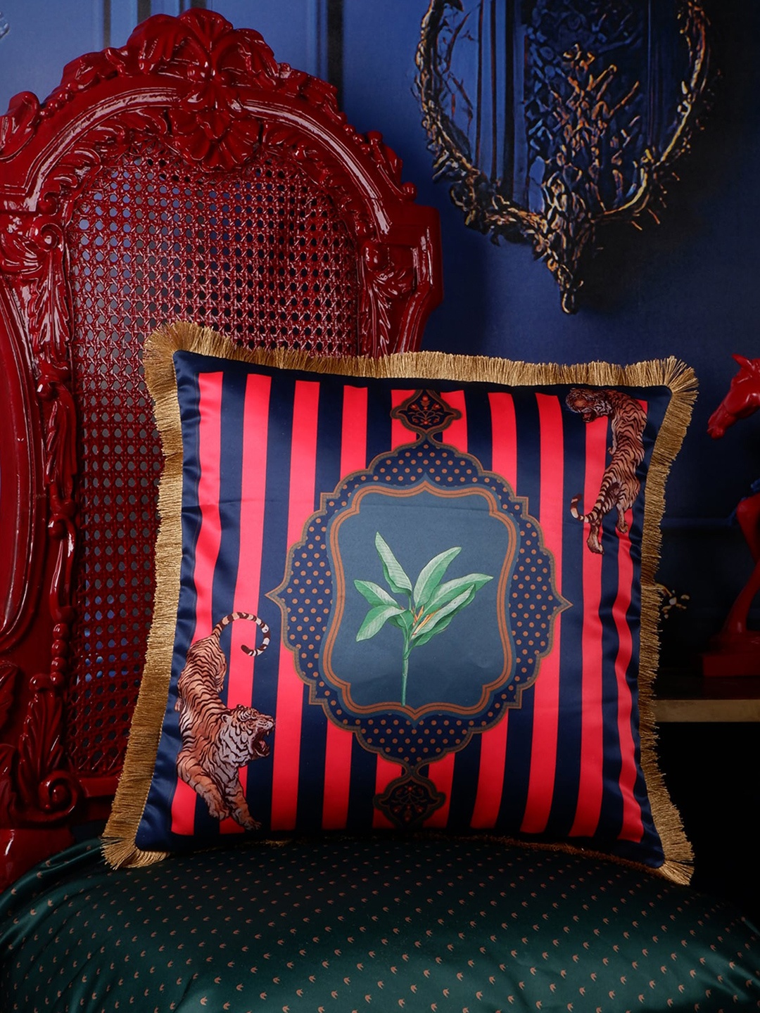 THE WHITE INK DECOR Red & Navy Blue Tropical Satin Square Cushion Cover