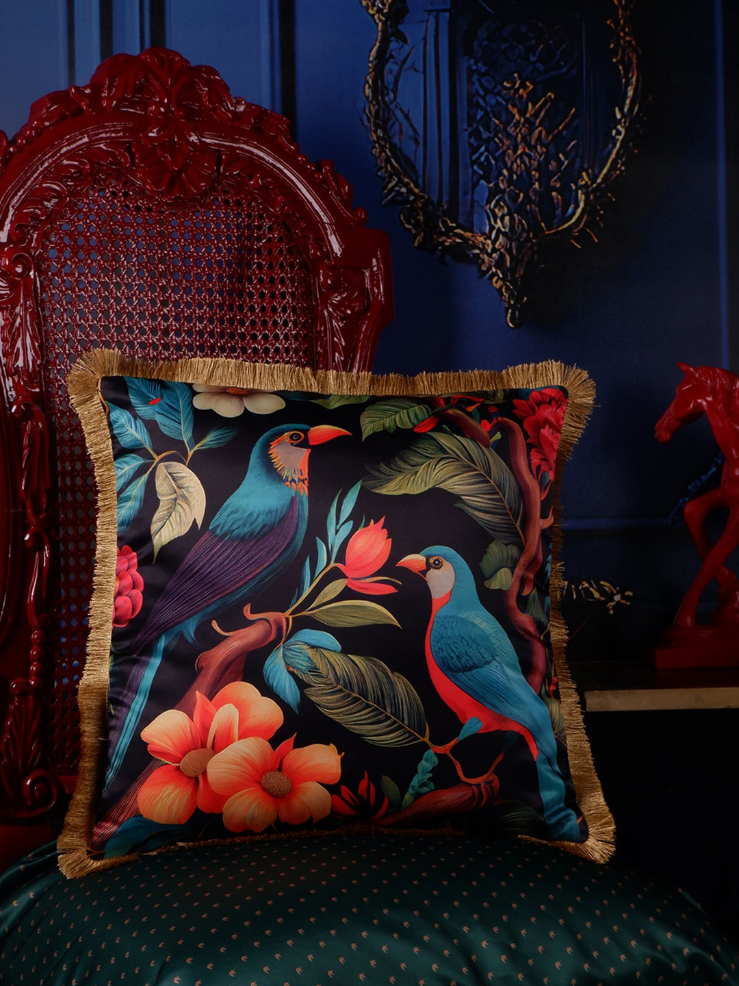 

THE WHITE INK DECOR Blue & Green Tropical Satin Square Cushion Cover