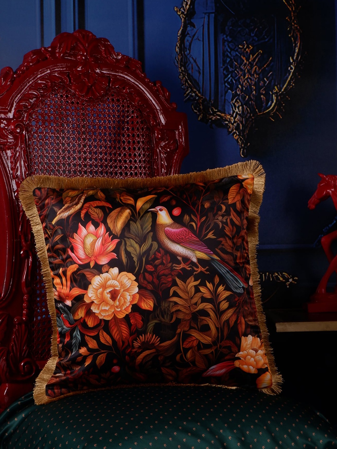 

THE WHITE INK DECOR Brown & Black Floral Satin Square Cushion Cover