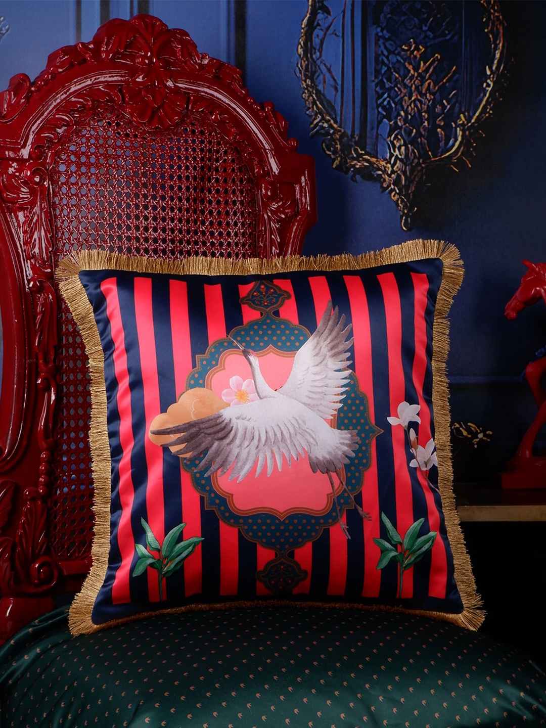 

THE WHITE INK DECOR Red & Navy Blue Quirky Satin Square Cushion Cover