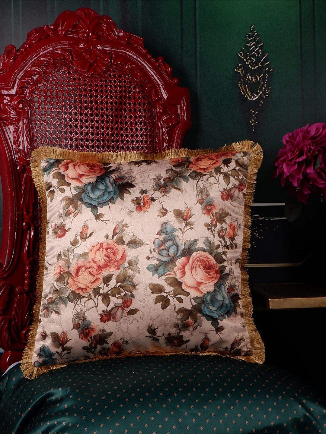 

THE WHITE INK DECOR Eden Pink & Blue Floral Satin Square Cushion Cover