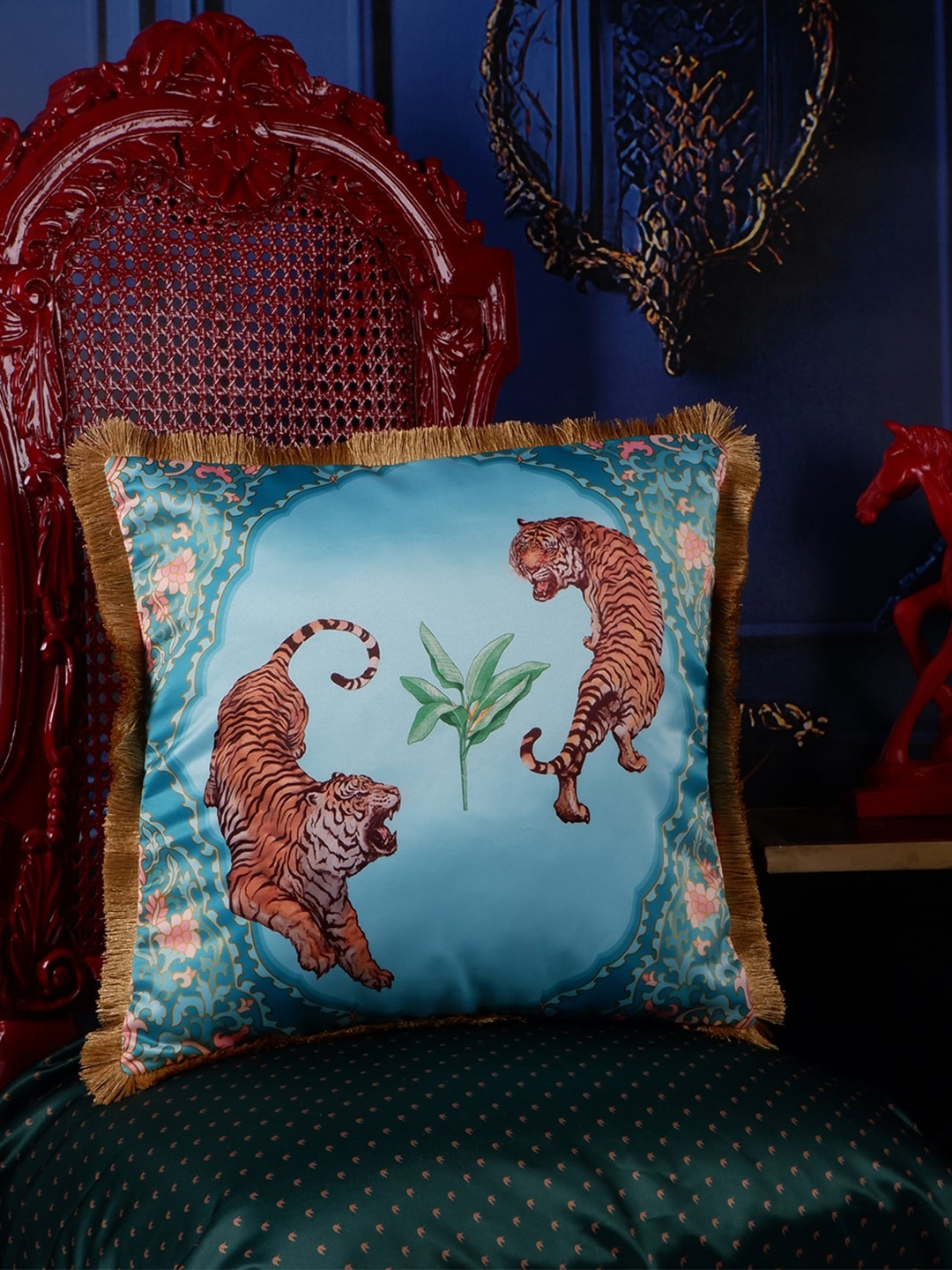 

THE WHITE INK DECOR Blue & Brown Tropical Satin Square Cushion Cover