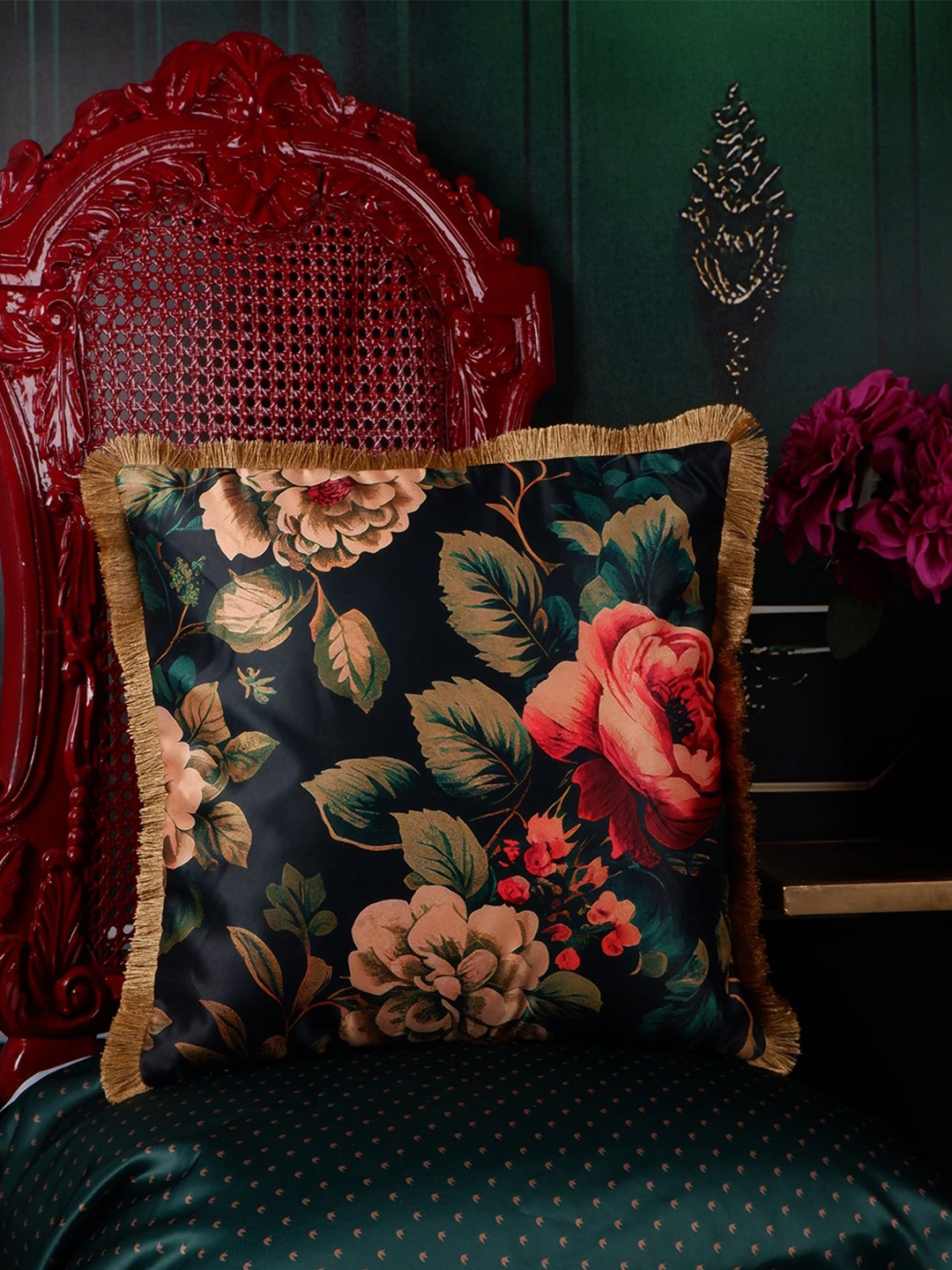 

THE WHITE INK DECOR Eden Green & Cream-Coloured Floral Satin Square Cushion Cover
