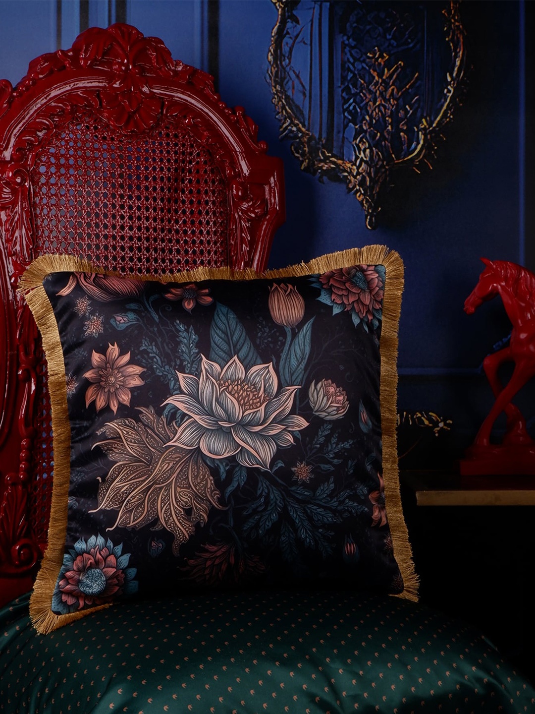 

THE WHITE INK DECOR Eden Black & Blue Floral Satin Square Cushion Cover