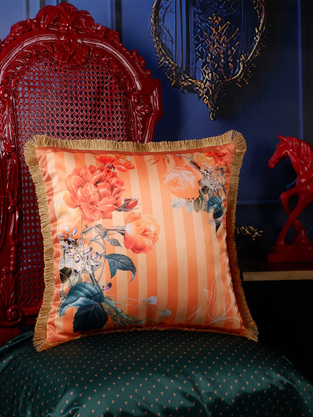 

THE WHITE INK DECOR Eden Orange & Blue Floral Satin Square Cushion Cover