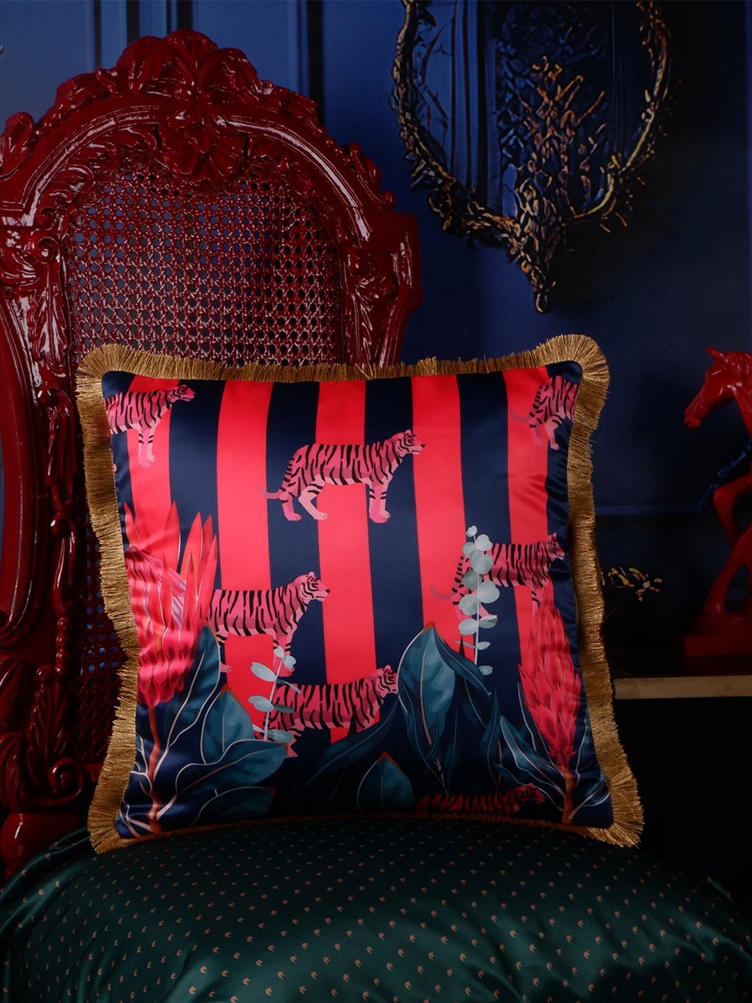 

THE WHITE INK DECOR Red & Navy Blue Quirky Satin Square Cushion Cover