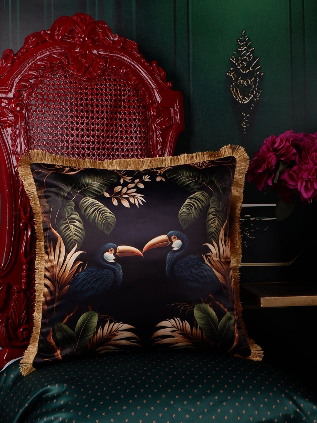 

THE WHITE INK DECOR Tropical Elegance Black & Green Floral Satin Square Cushion Cover