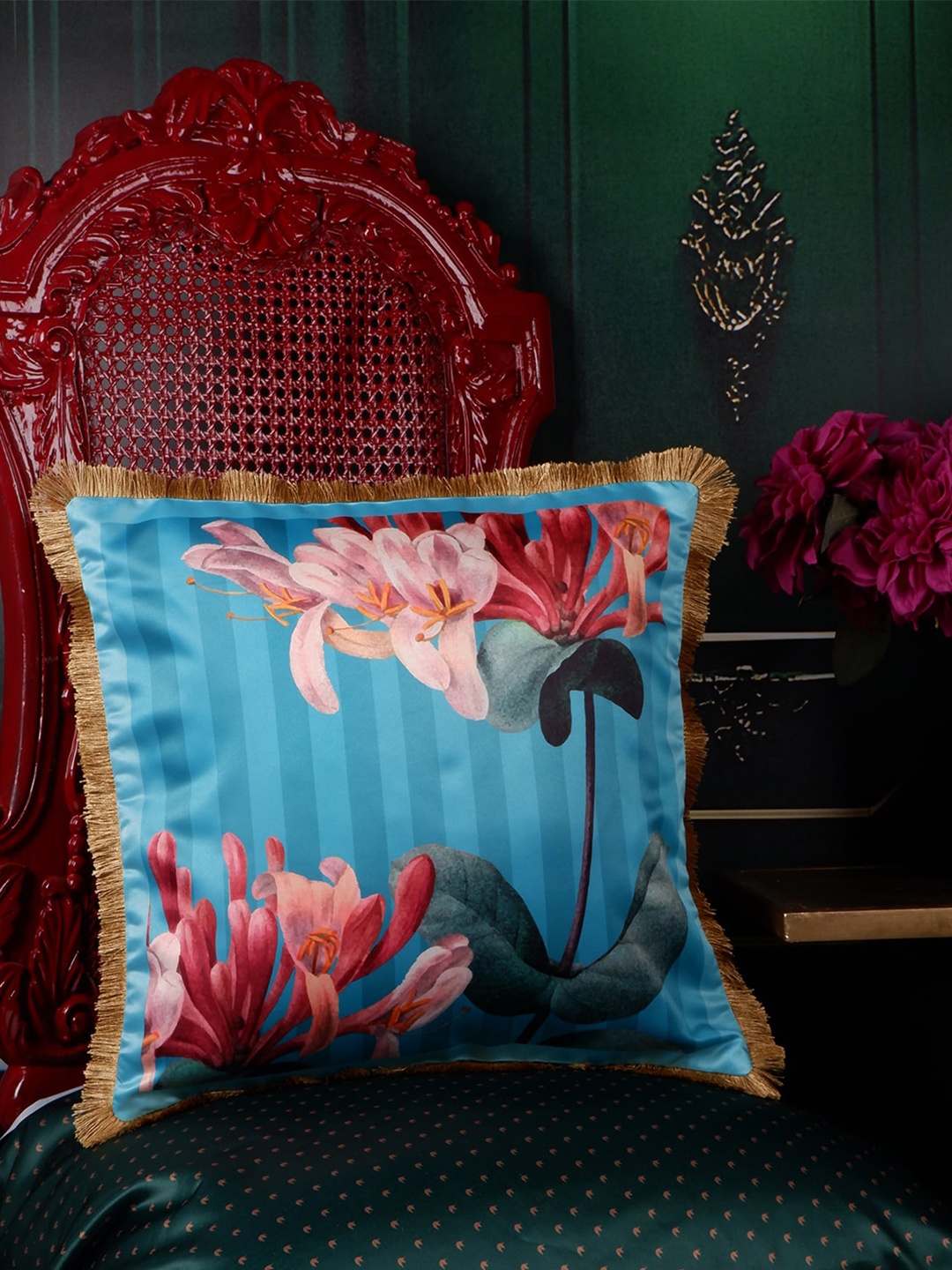 

THE WHITE INK DECOR Blue & Red Floral Satin Square Cushion Cover