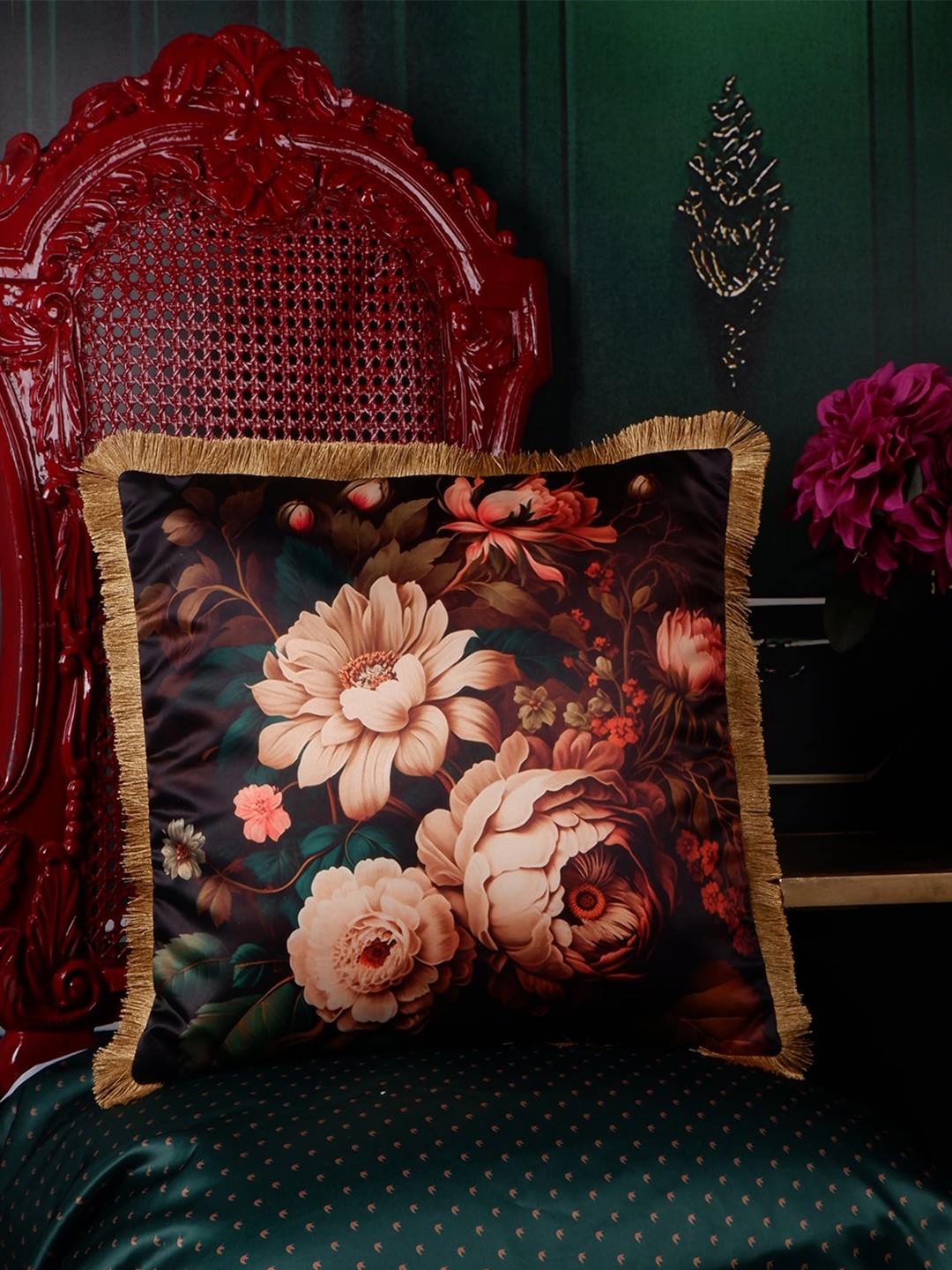

THE WHITE INK DECOR Eden Blue & Pink Floral Satin Square Cushion Cover