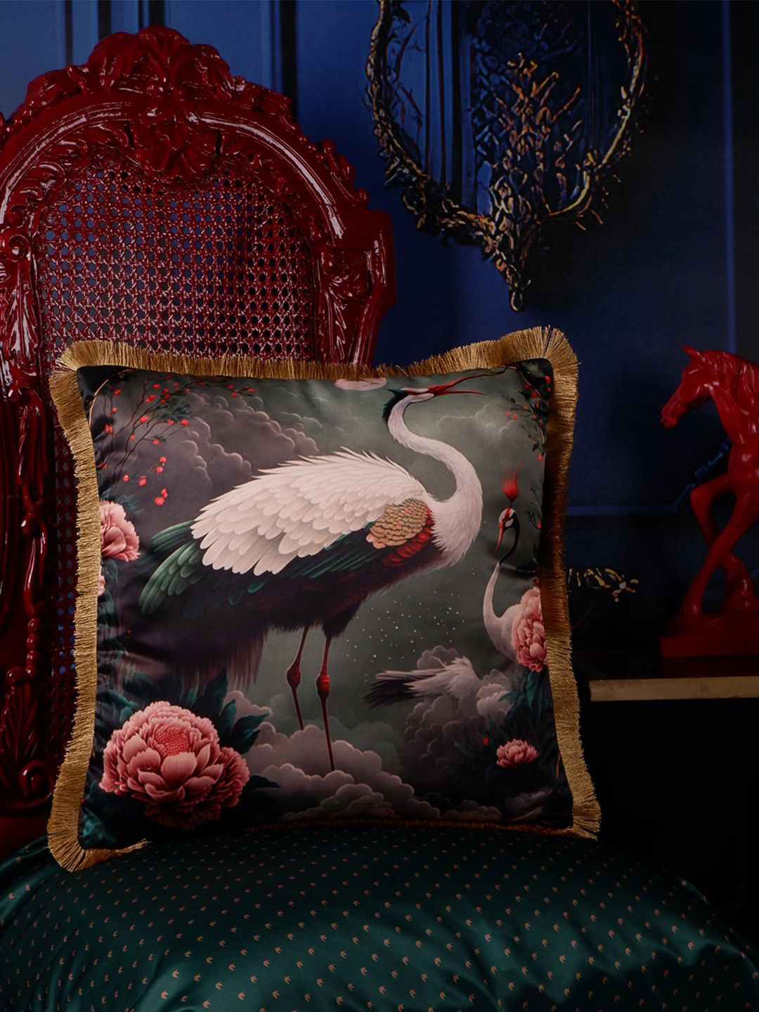 

THE WHITE INK DECOR Tropical Elegance Black & Green Floral Satin Square Cushion Cover