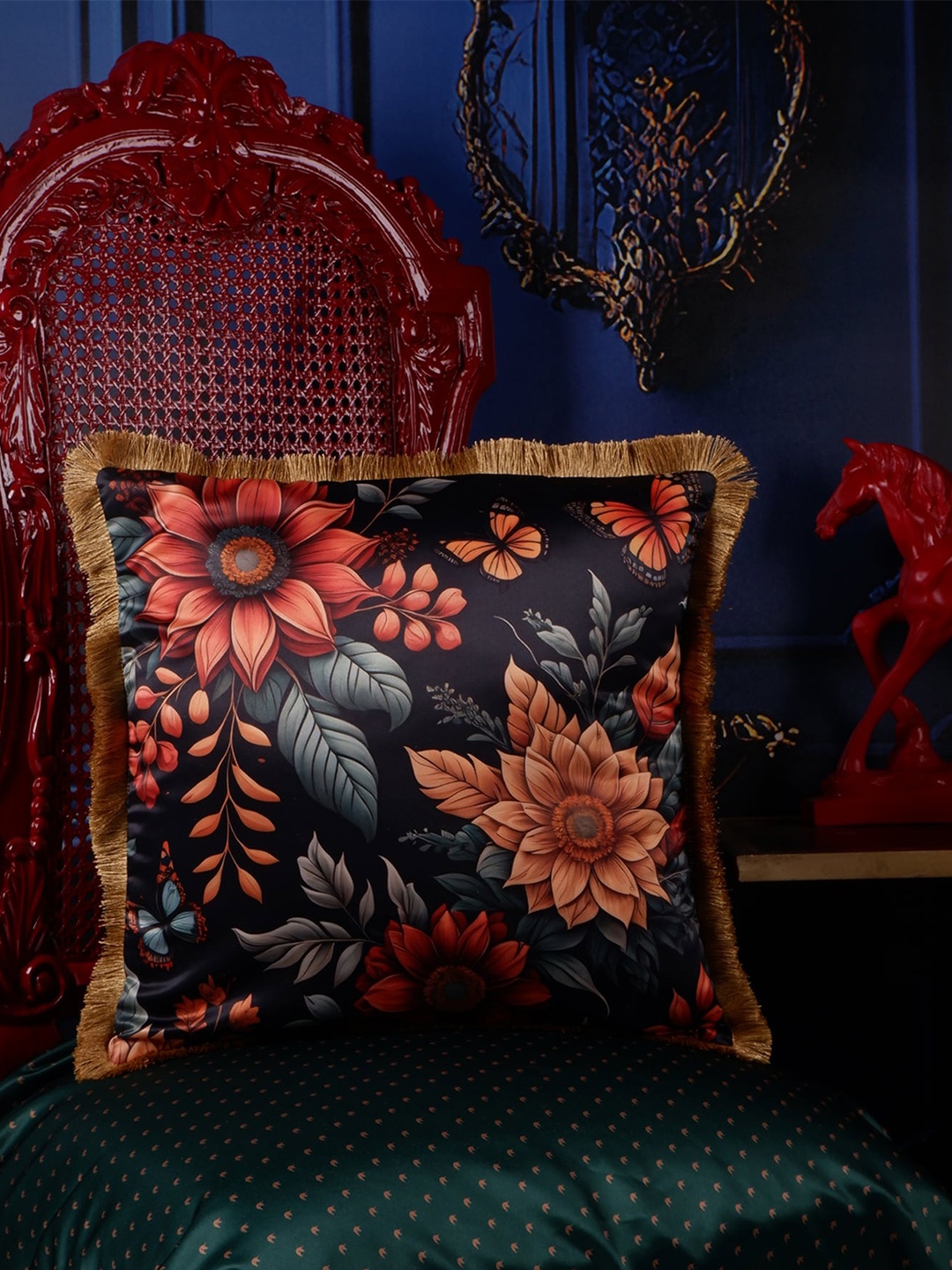 

THE WHITE INK DECOR Eden Black & Blue Floral Satin Square Cushion Cover