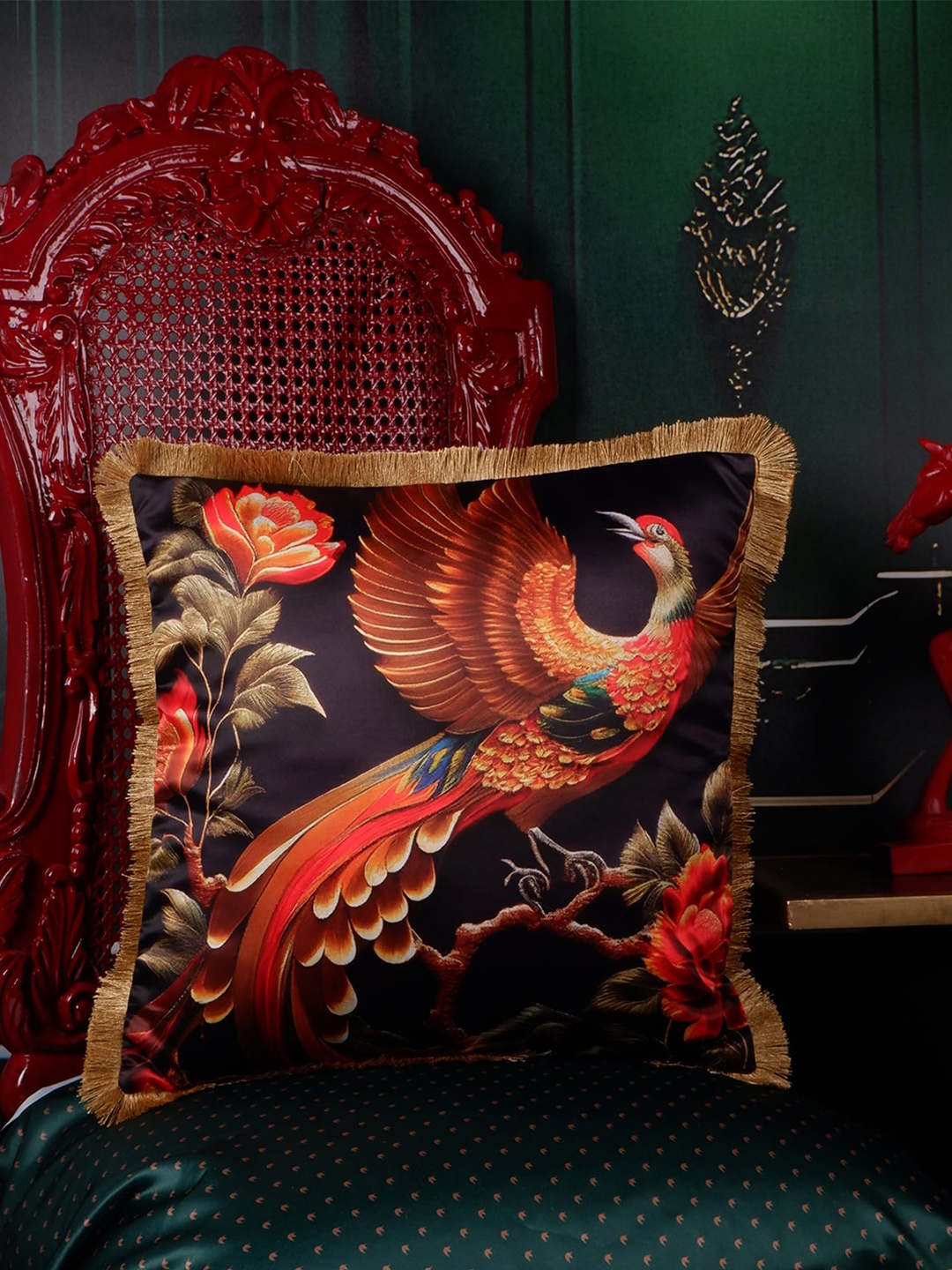 

THE WHITE INK DECOR Tropical Elegance Black & Orange Abstract Satin Square Cushion Cover