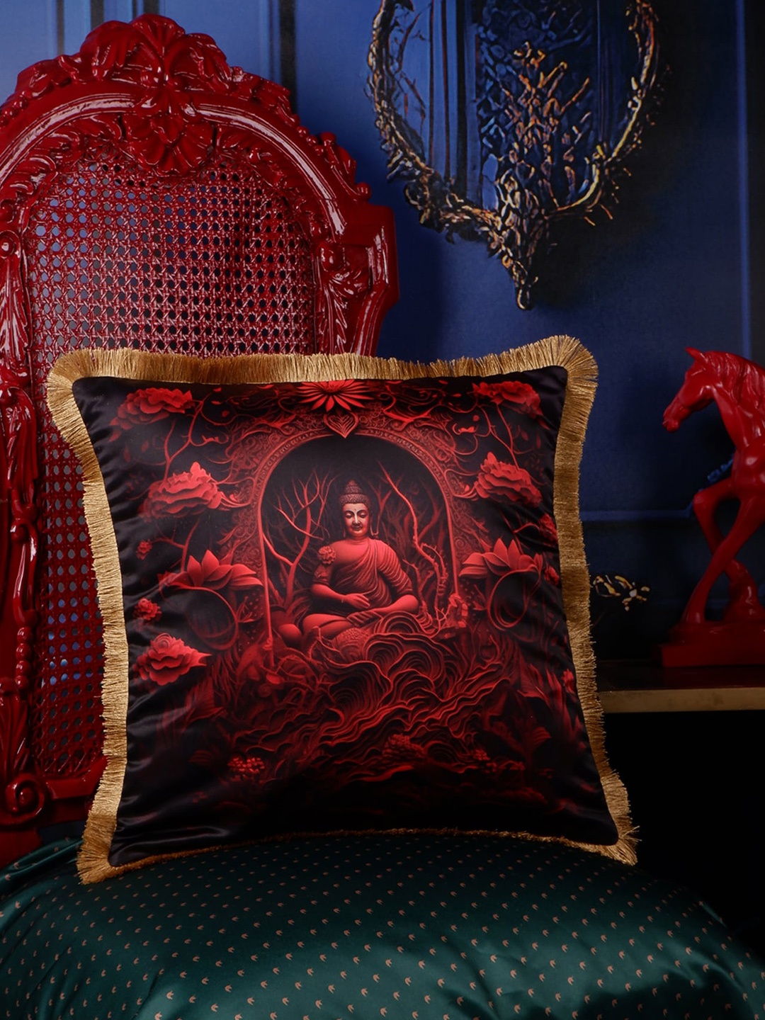 

THE WHITE INK DECOR Eden Red & Black Buddha Printed Satin Square Cushion Cover