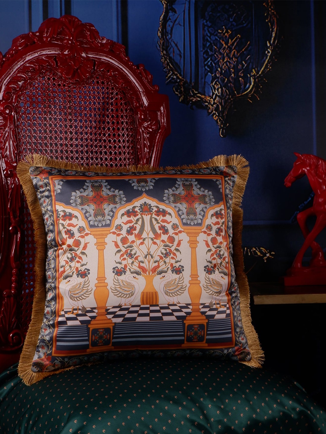 

THE WHITE INK DECOR Eden Brown & Grey Ethnic Motifs Satin Square Cushion Cover
