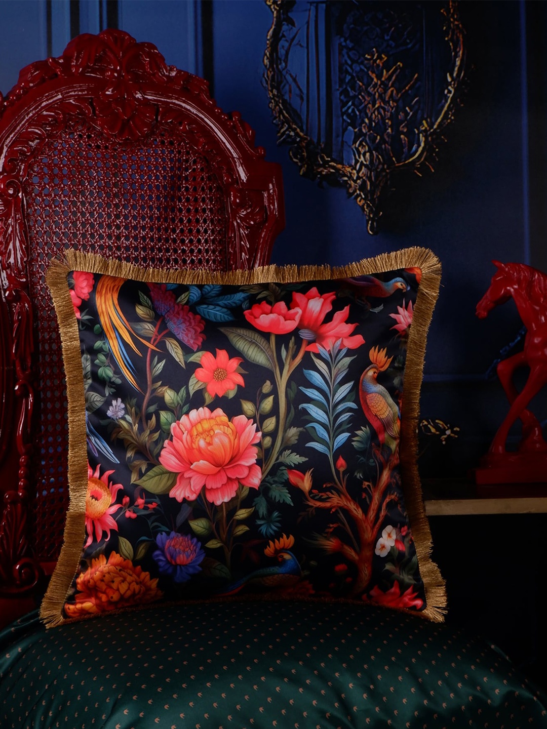 

THE WHITE INK DECOR Tropical Elegance Black & Pink Floral Satin Square Cushion Cover