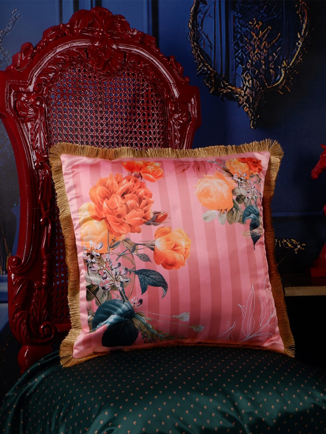 

THE WHITE INK DECOR Tropical Elegance Rose & Green Floral Satin Square Cushion Cover