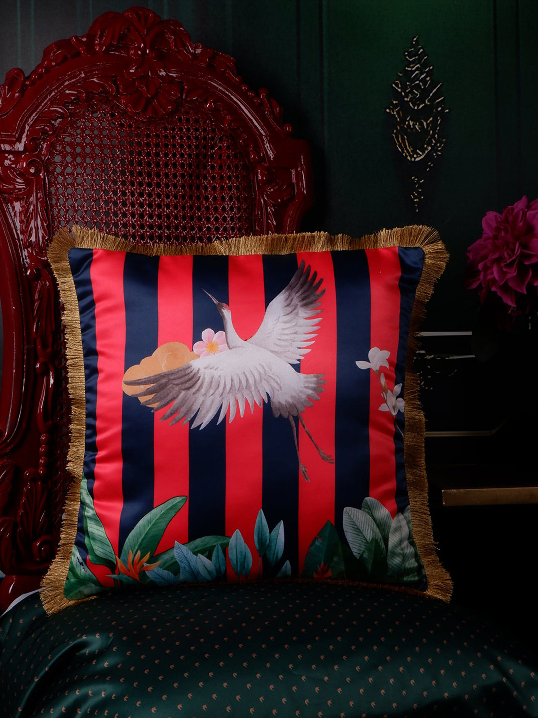 

THE WHITE INK DECOR Pink & Navy Blue Quirky Satin Square Cushion Cover