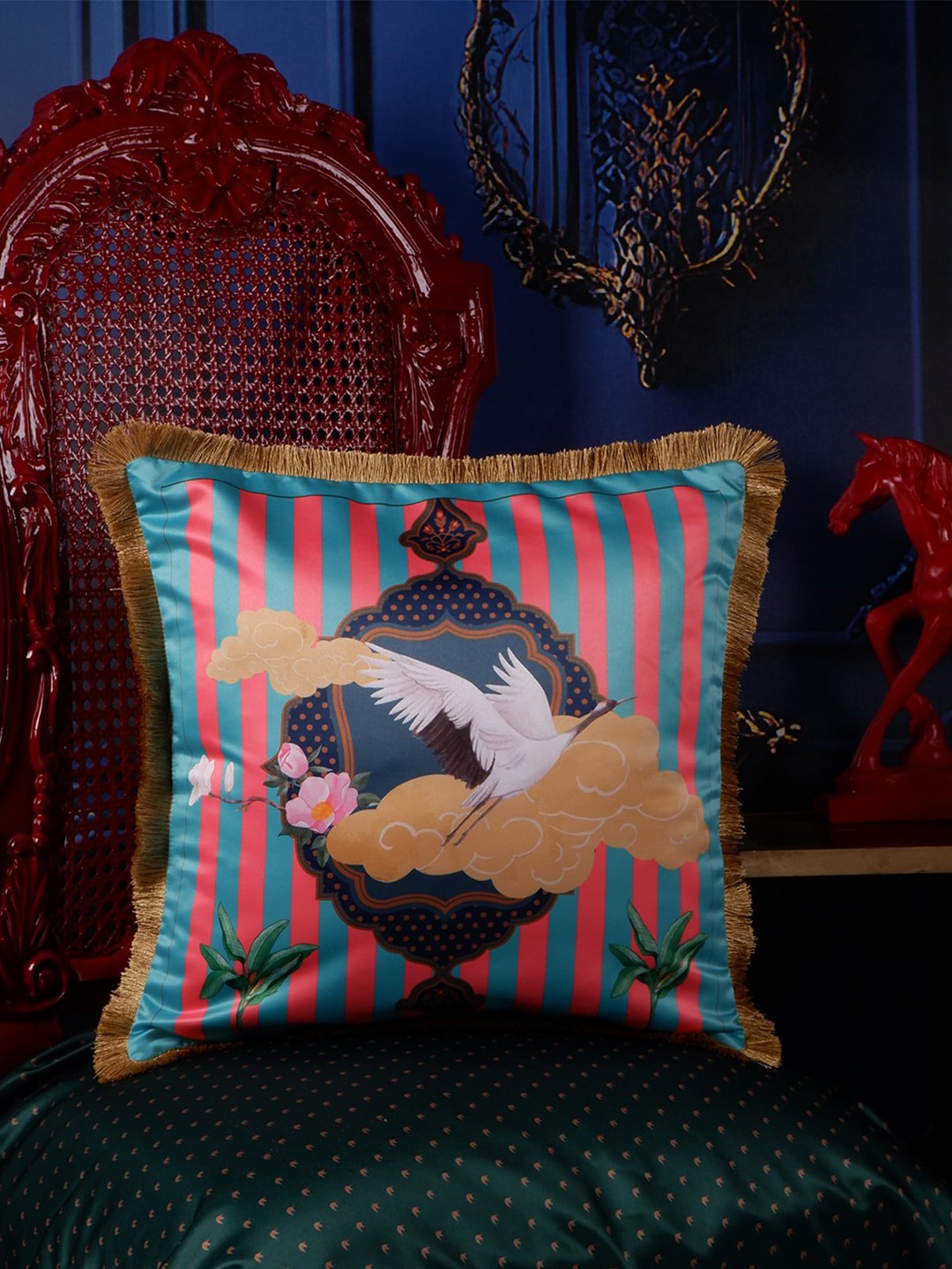 

THE WHITE INK DECOR Tropical Elegance Blue & Pink Floral Satin Square Cushion Cover
