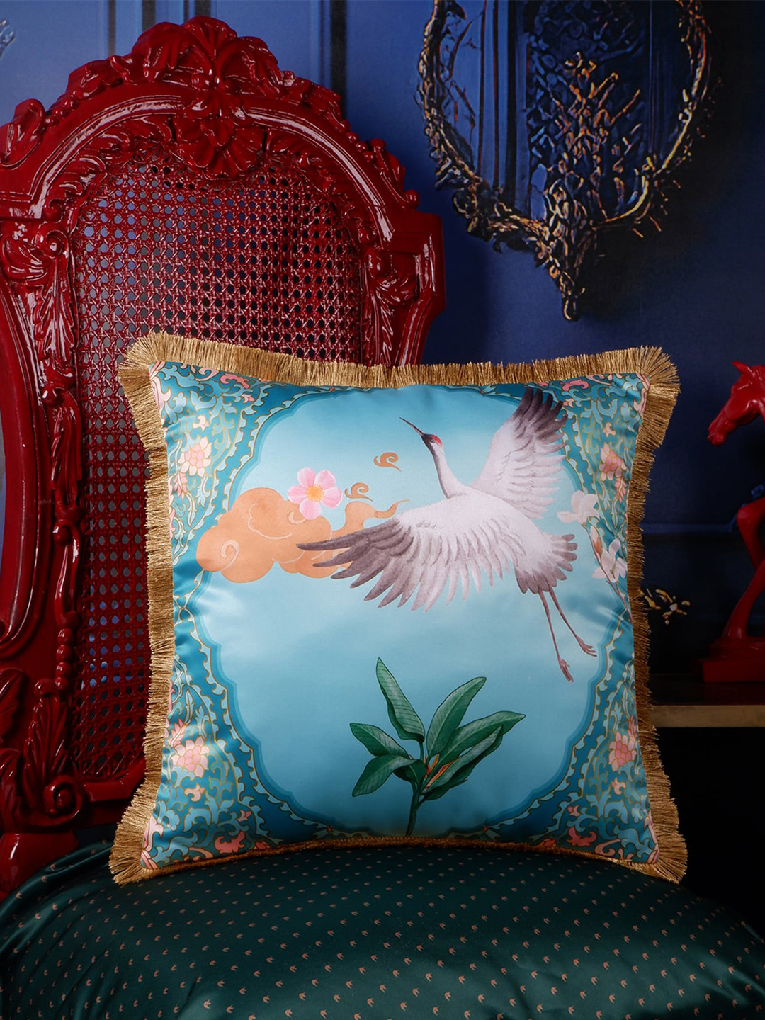 

THE WHITE INK DECOR Tropical Elegance Blue & Green Floral Satin Square Cushion Cover