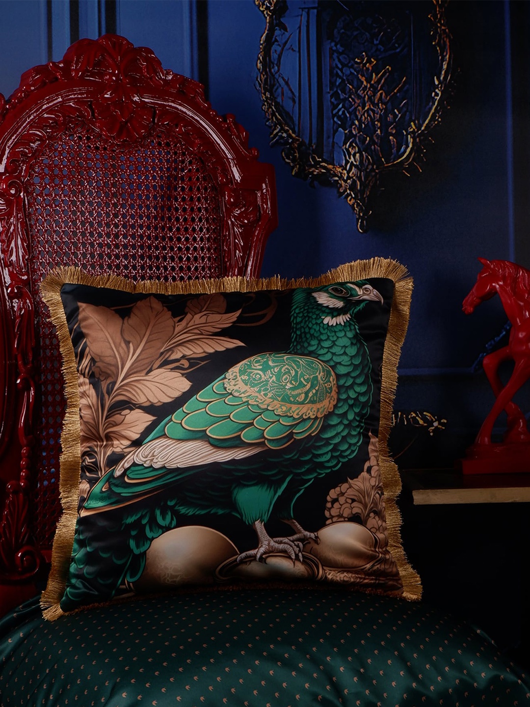 

THE WHITE INK DECOR Green & Blue Quirky Satin Square Cushion Cover