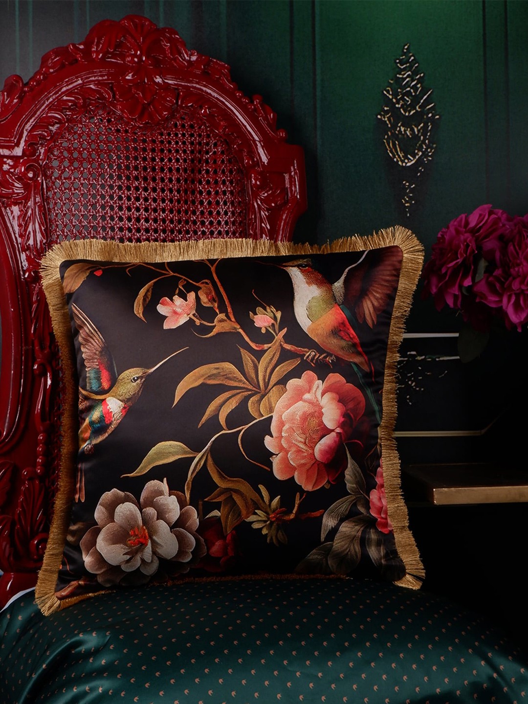 

THE WHITE INK DECOR Black & Pink Floral Satin Square Cushion Cover