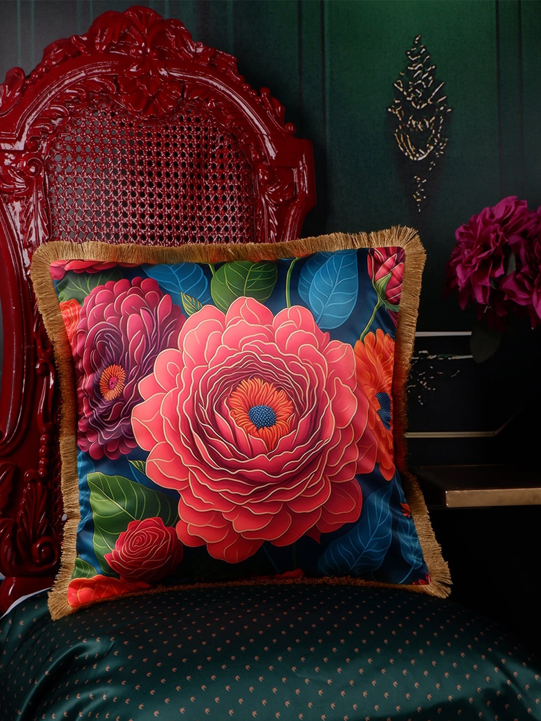

THE WHITE INK DECOR Eden Red & Blue Floral Satin Square Cushion Cover