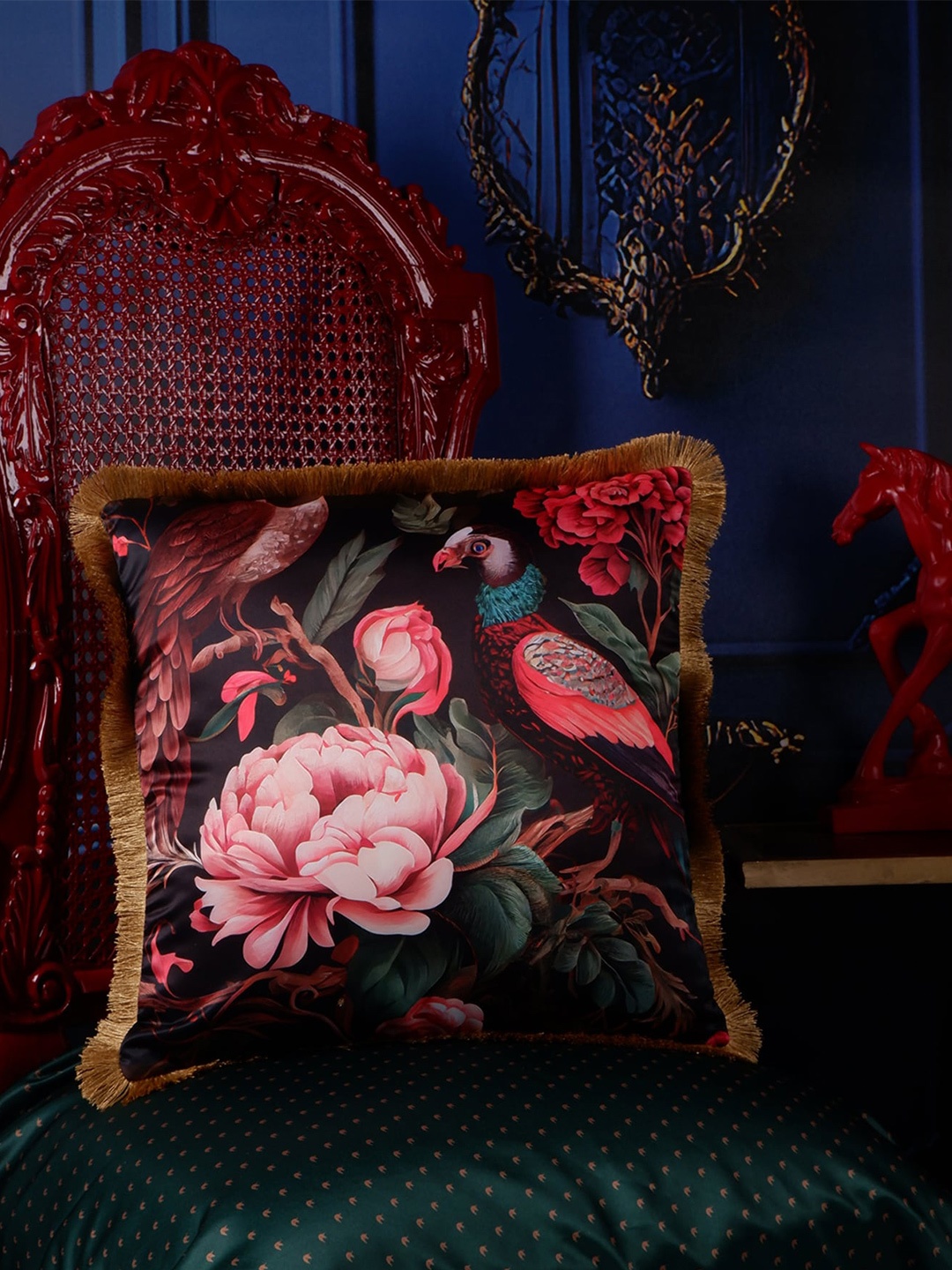 

THE WHITE INK DECOR Black & Red Floral Satin Square Cushion Cover