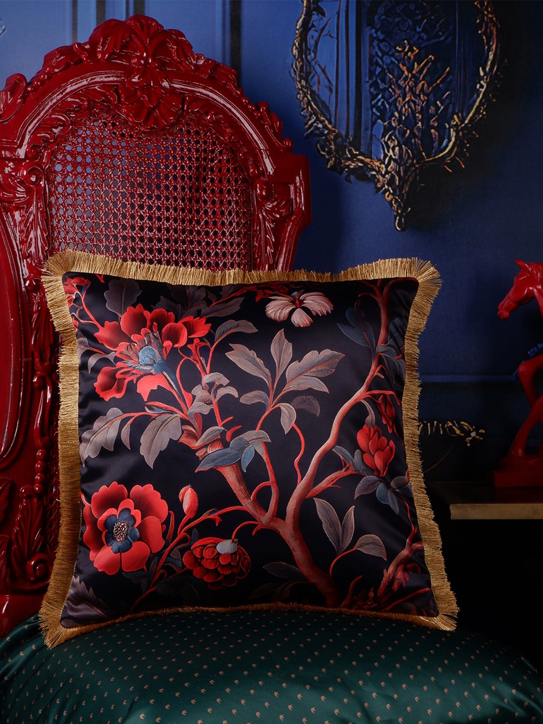 

THE WHITE INK DECOR Eden Black & Red Floral Satin Square Cushion Cover