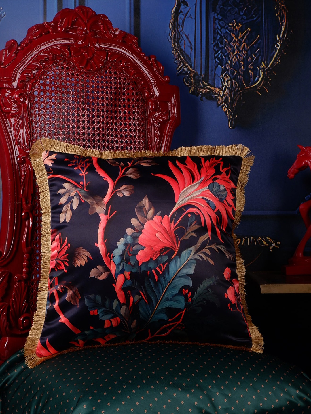 

THE WHITE INK DECOR Eden Blue & Red Floral Satin Square Cushion Cover