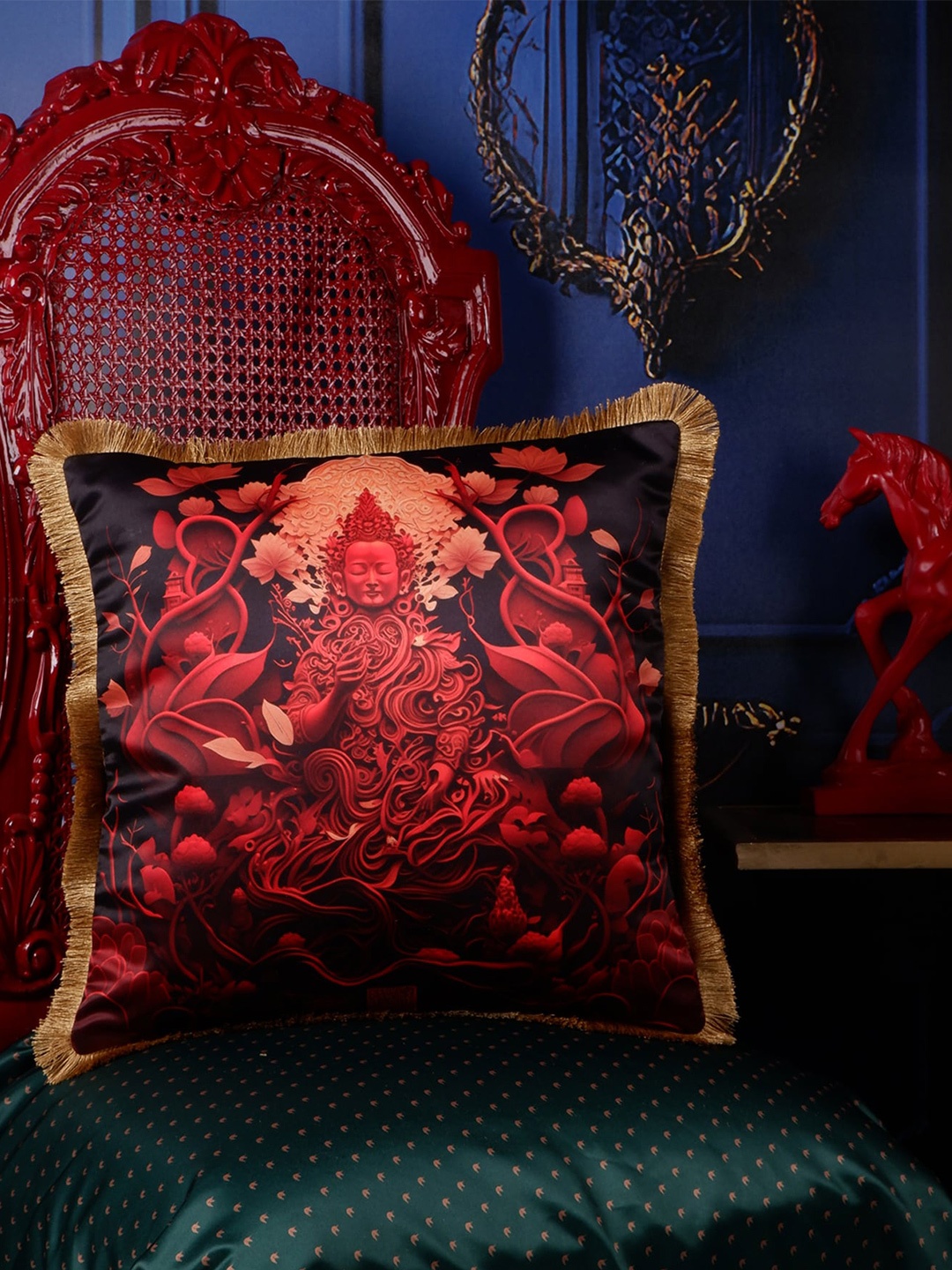 

THE WHITE INK DECOR Eden Red & Black Ethnic Motifs Satin Square Cushion Cover