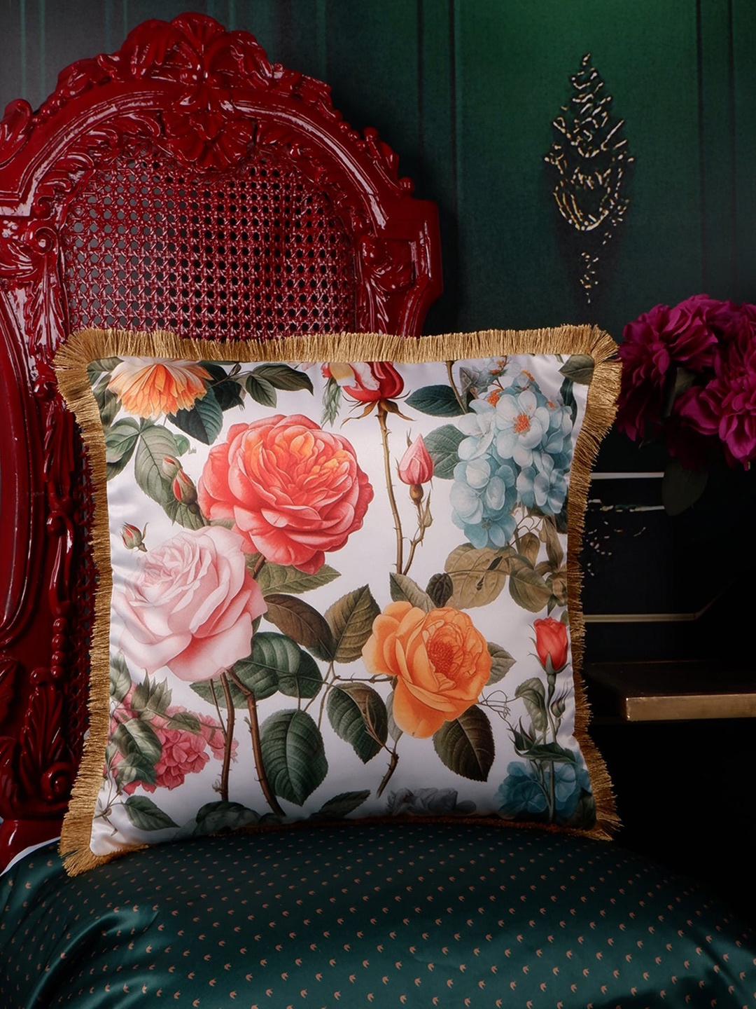 

THE WHITE INK DECOR White & Pink Floral Satin Square Cushion Cover