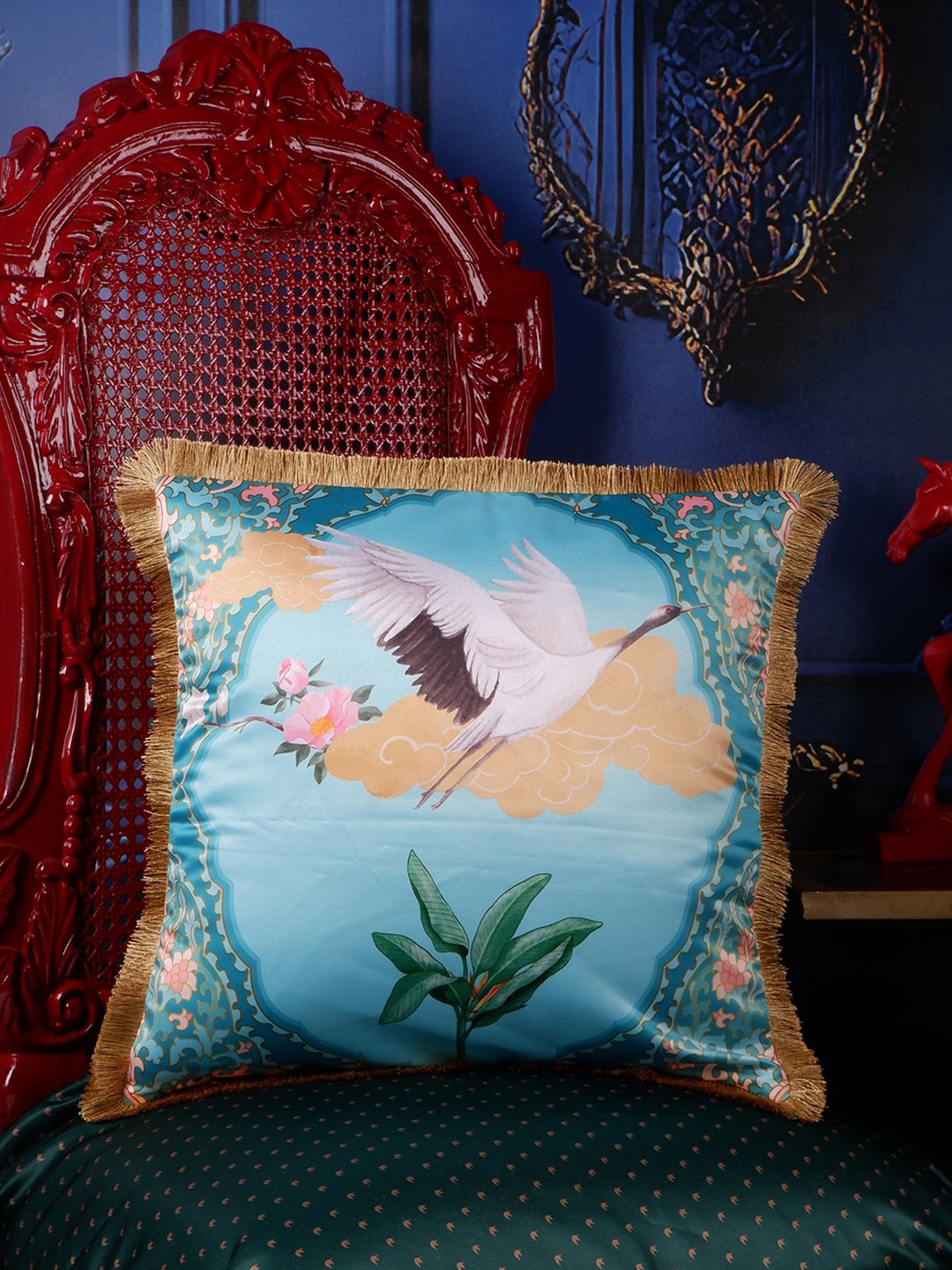 

THE WHITE INK DECOR Blue & Green Quirky Satin Square Cushion Cover