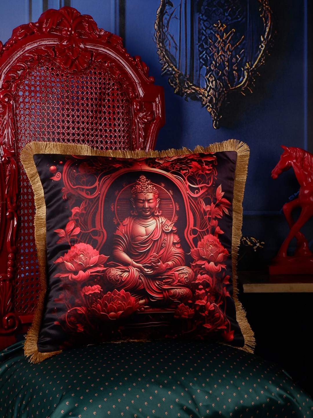 

THE WHITE INK DECOR Eden Black & Red Buddha Satin Square Cushion Cover
