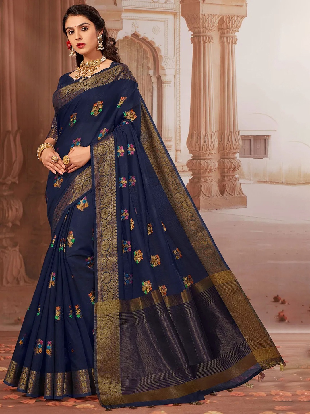 

GAJARAI Ethnic Motifs Woven Design Zari Chanderi Saree, Navy blue