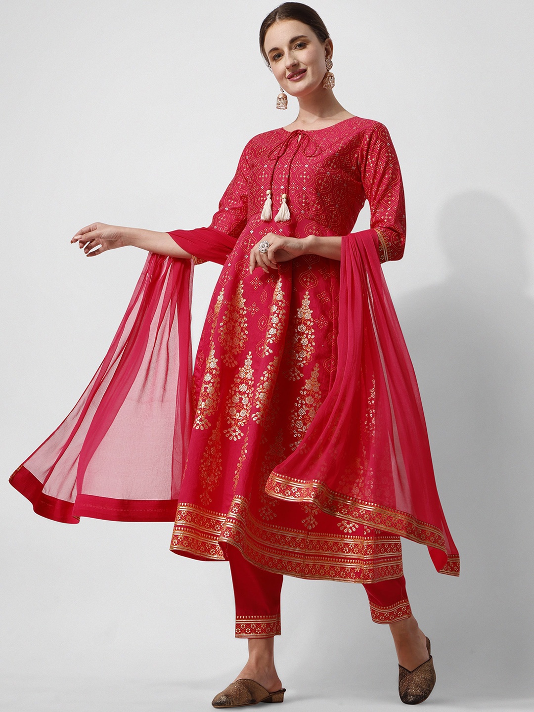 

KALINI Ethnic Motifs Foil Printed Regular Kurta With Trousers & Dupatta, Fuchsia