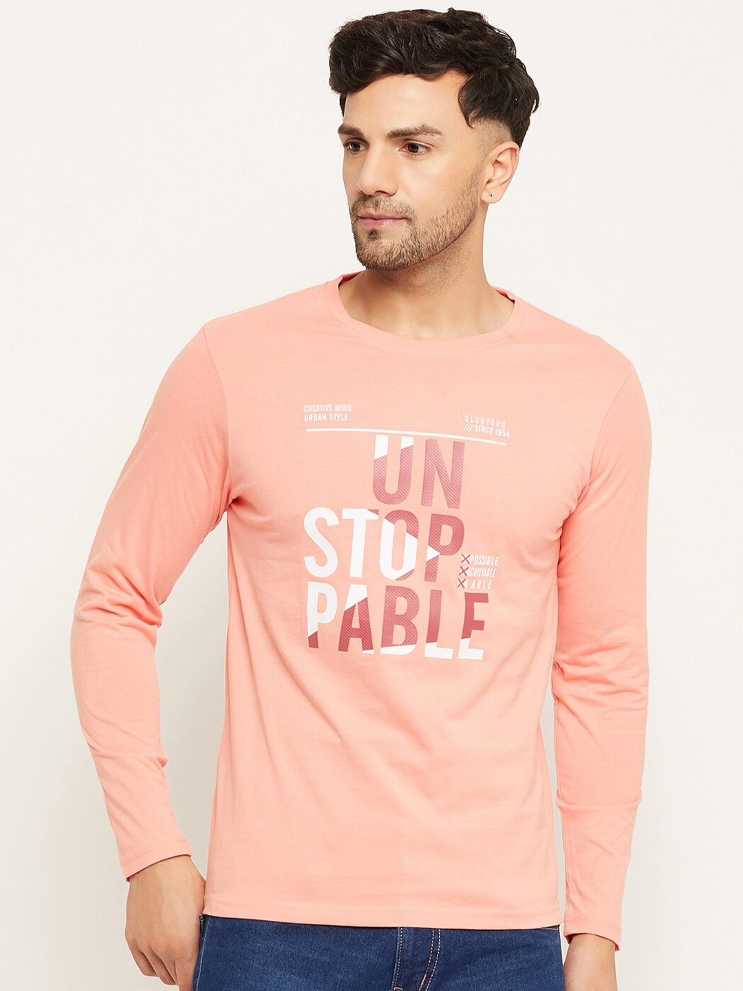 Club York Typography Printed Round Neck T-shirt, Peach
