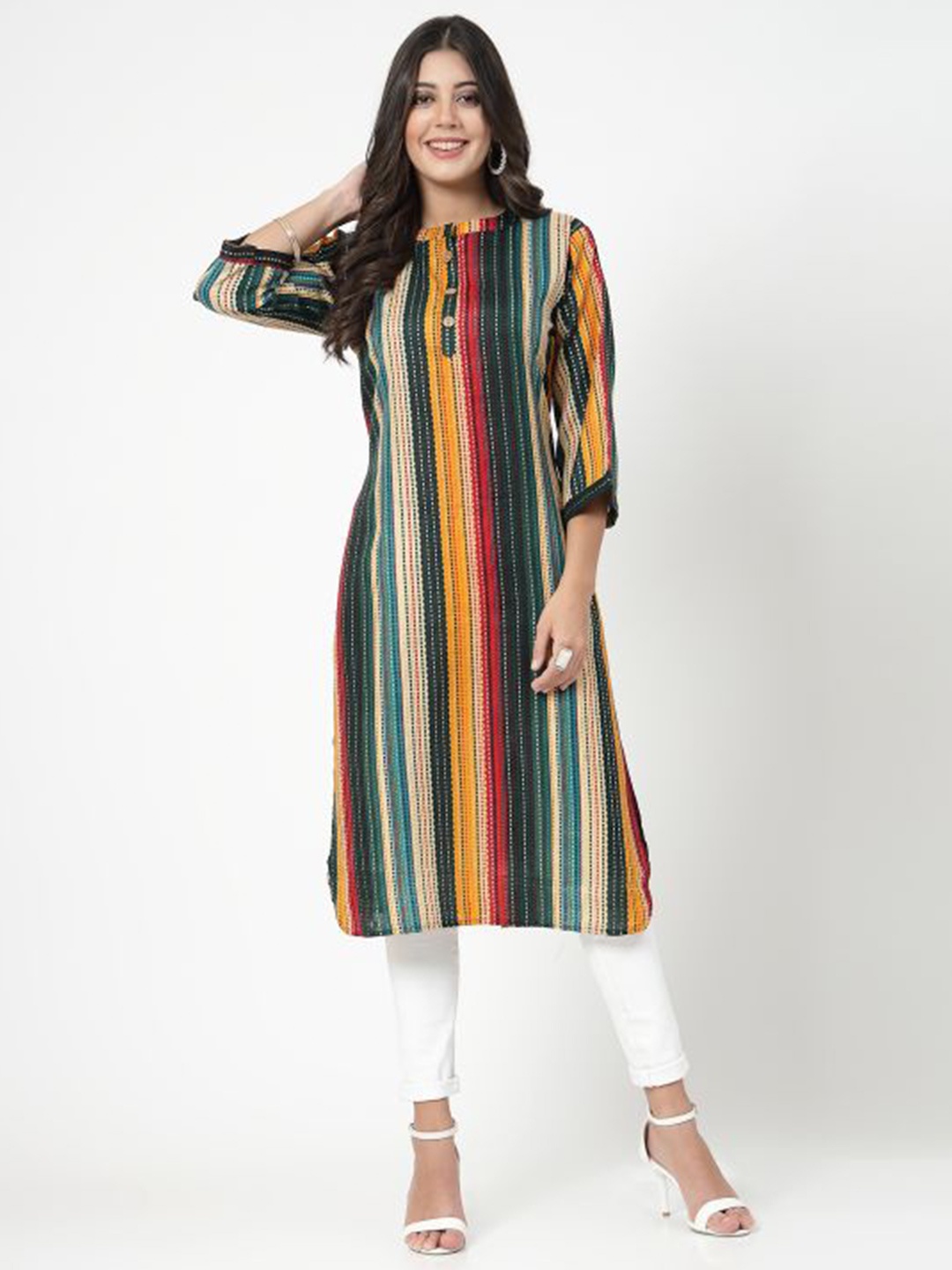 

KALINI Striped Cotton Straight Kurta, Green