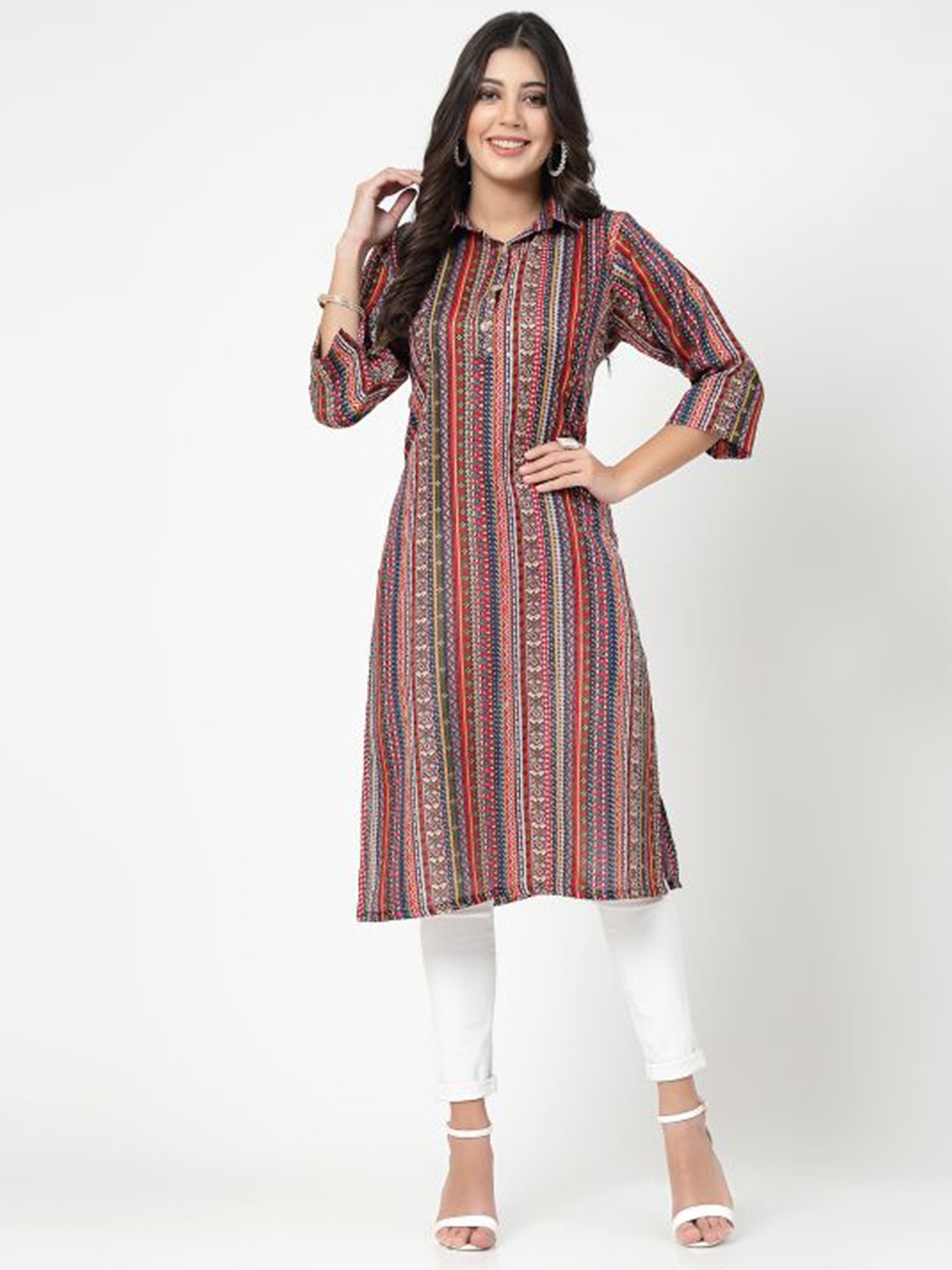 

KALINI Striped Printed Pure Cotton Kurta, Red
