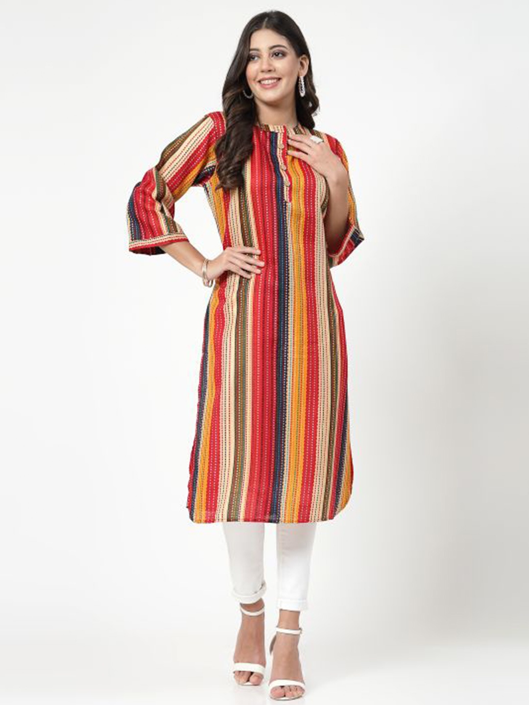

KALINI Striped Cotton Straight Kurta, Red
